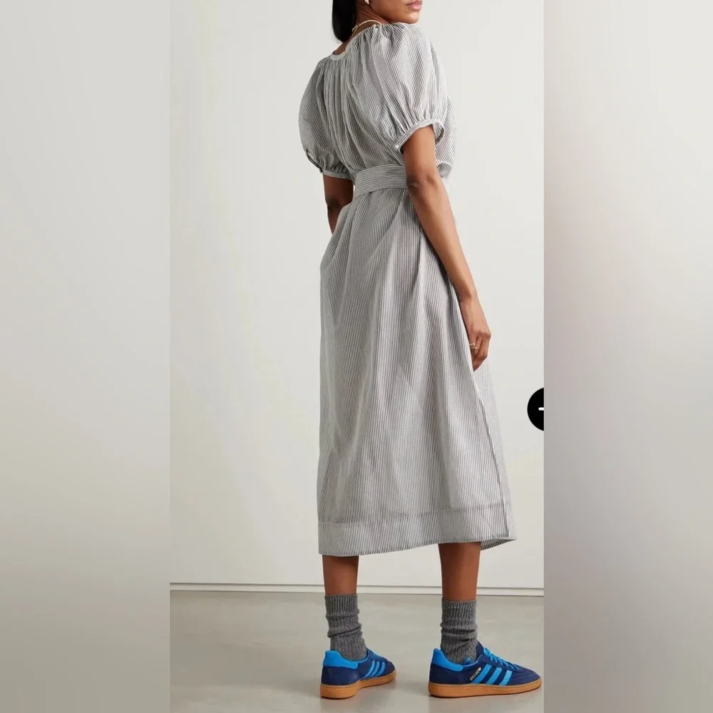 DÔEN Juno Belted Striped Brighton Midi Dress, Puff Sleeve, Cottagecore, Belt, XS - Picture 3 of 15